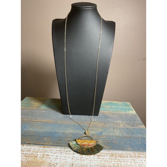 Bohemian Tassel Necklace With Woven Pendant & Gold Chain - Picture 1 of 4
